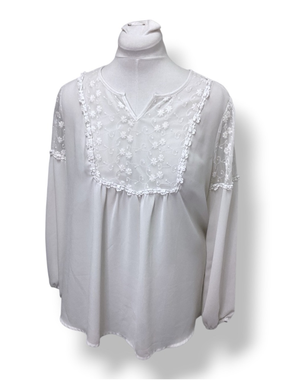 Krazy Kat Women’s Chiffon Lace Embellished Embroidered Boho Blouse, Ivory L